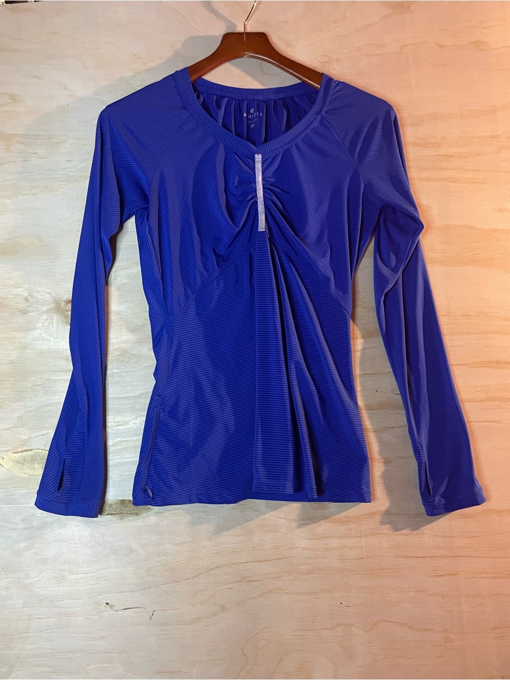 Athleta Pump It Up Running Shirt Cobalt Blue Long-Sleeve Top with Front Gather